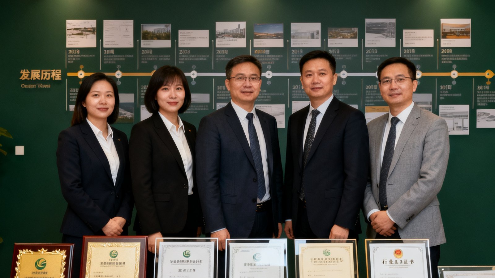 GBTJT贵宾厅集团上海总部办公室，深墨绿色形象墙前摆放着集团获得的行业奖项与认证证书，五位核心管理团队成员身着正装站立，背景是品牌发展历程时间轴展示墙